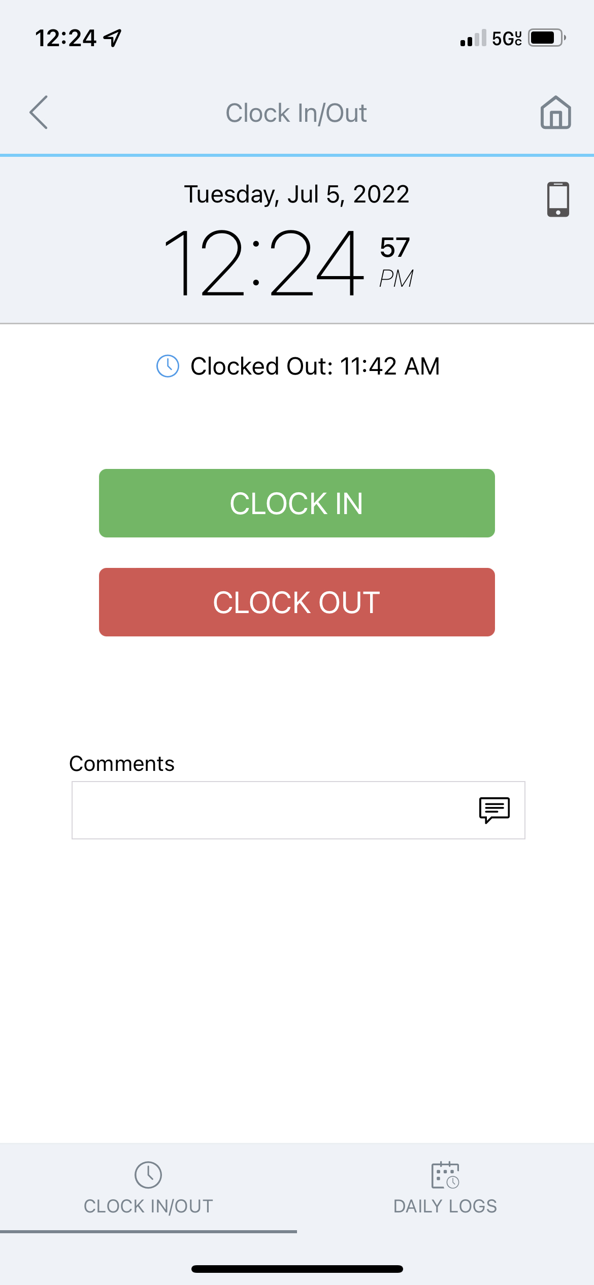 Mobile Clock IN and OUT buttons