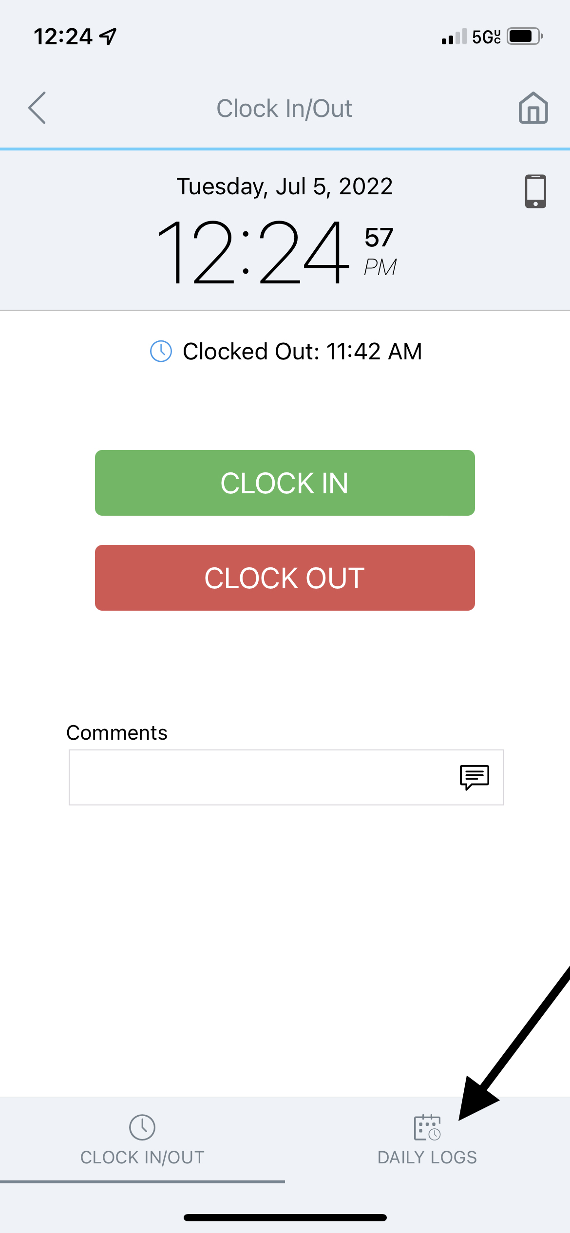 Daily Logs option on the Mobile Clock screen