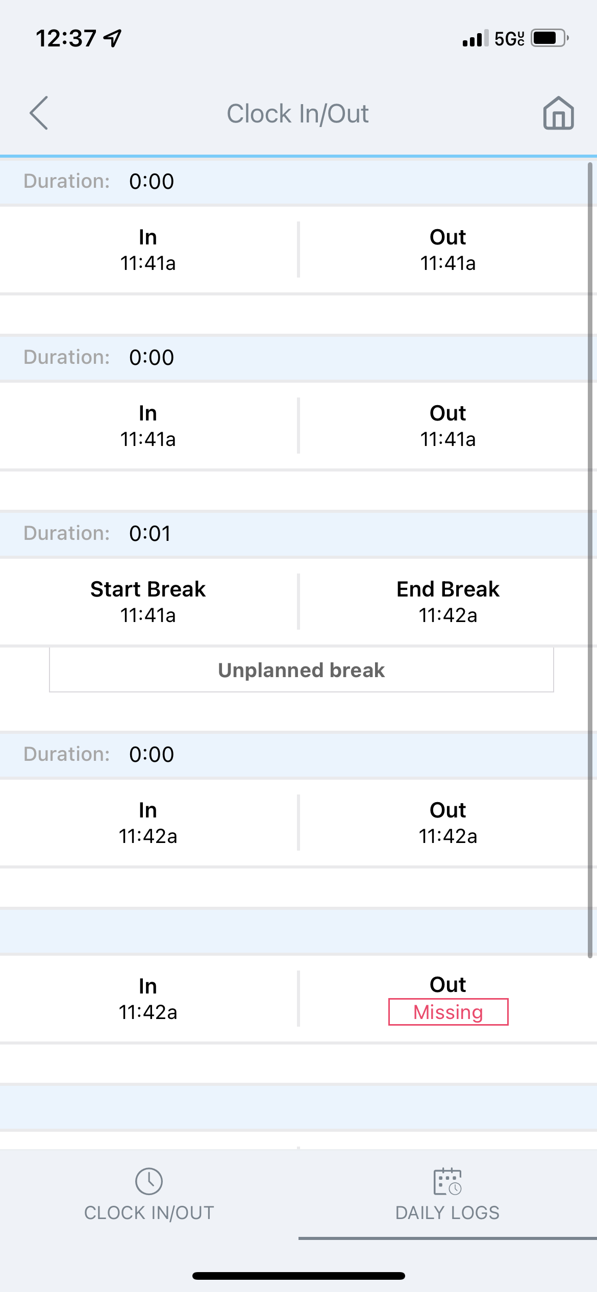Daily Logs punch details screen
