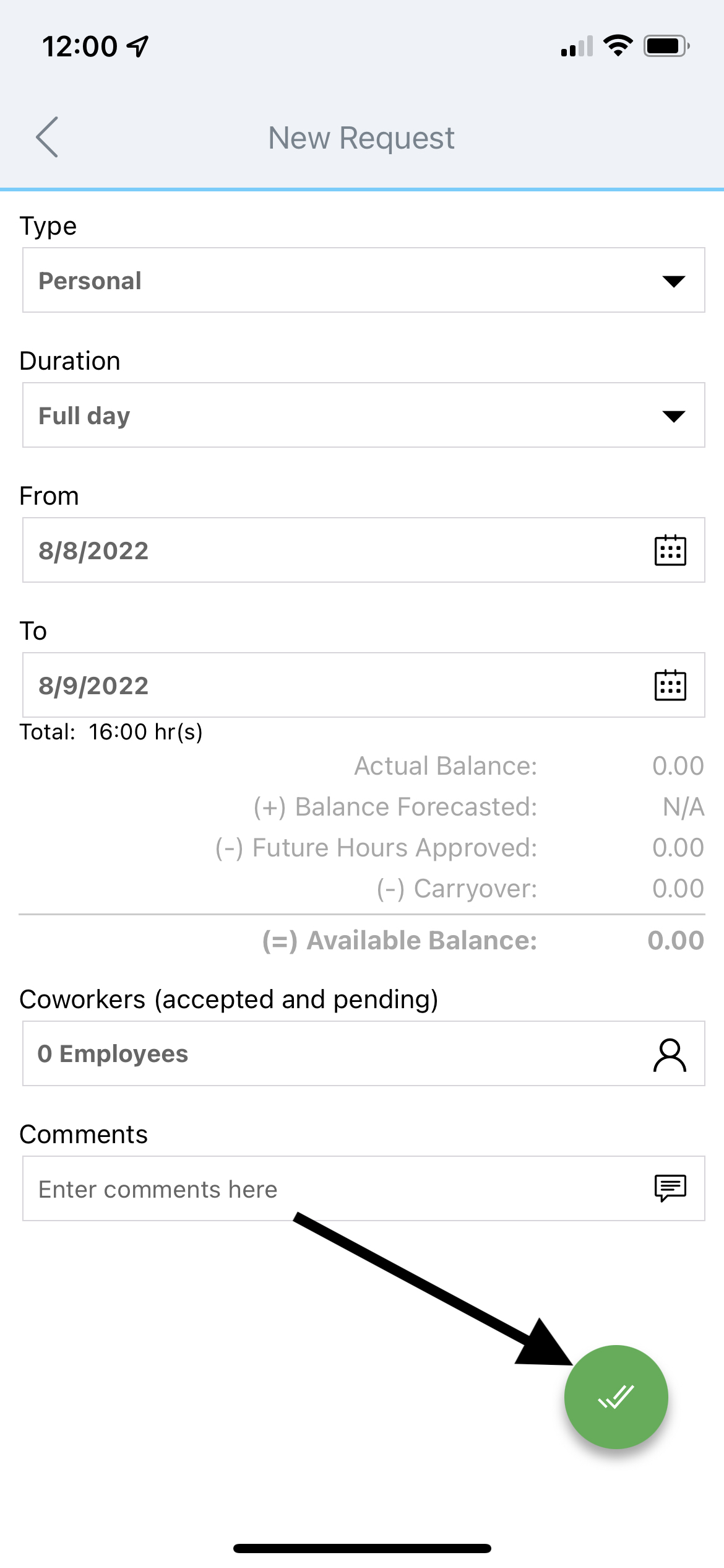 Completed Time Off Request form