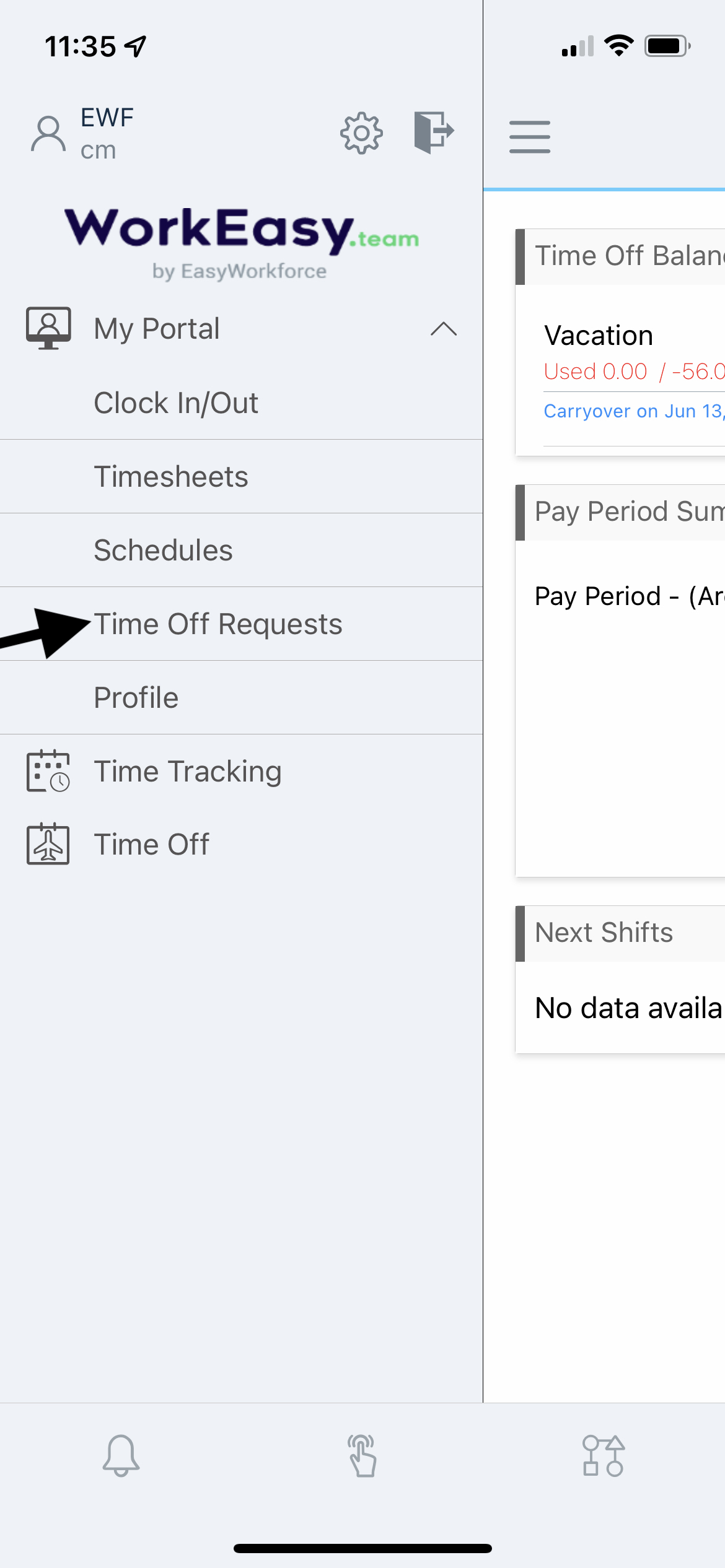 Time Off Requests screen