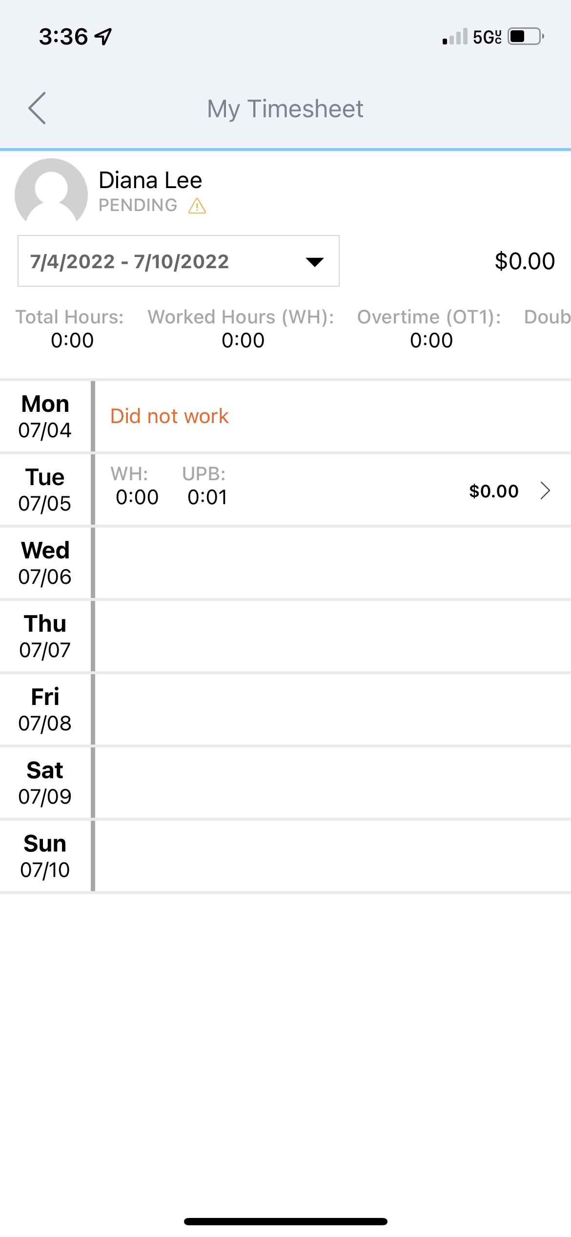 Employee timesheet showing recorded punches